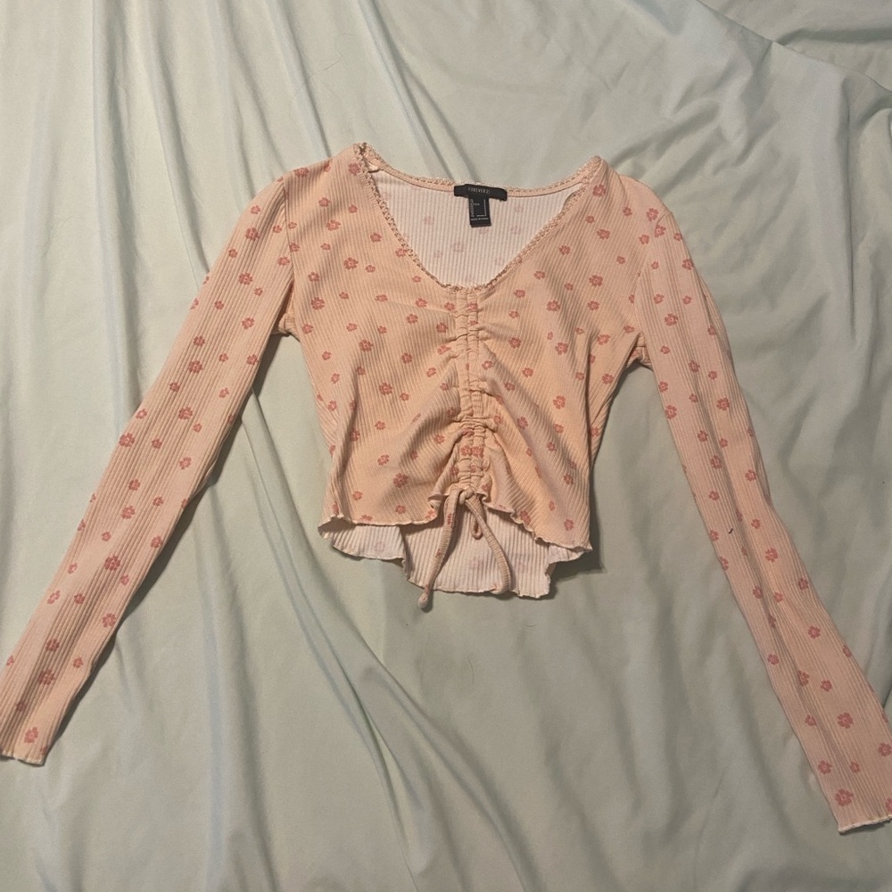 NEVER WORN DEAD STOCK y2k Mesh Light Pink Beach Flower Tight Long Sleeve Top